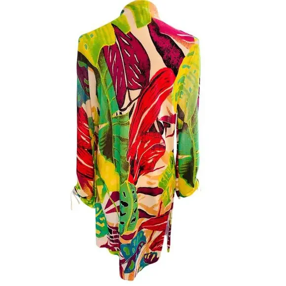 Chicos Top Duster Coverup Colorful Tropical Floral Print Resort Beach Large - Picture 2 of 9